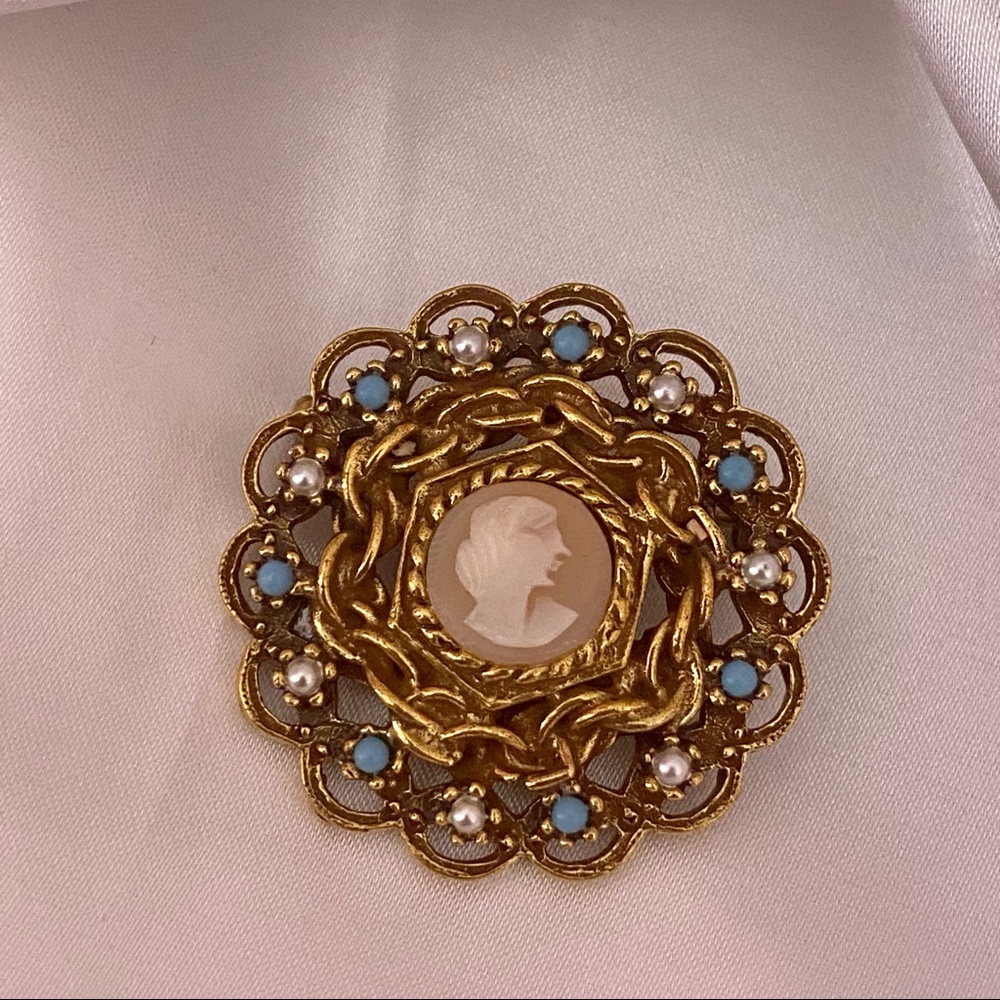 Vintage Goldette Cameo Brooch Goldtone with Faux Pearl and Turquoise Beads